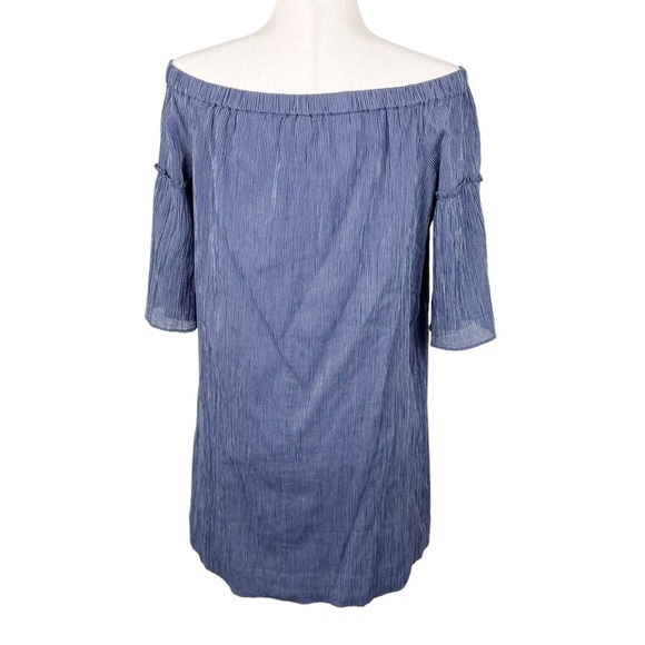 Madewell Off-the-Shoulder Bell-Sleeve Dress Navy Blue Pinstripe G3457 Size 6 - Picture 4 of 10
